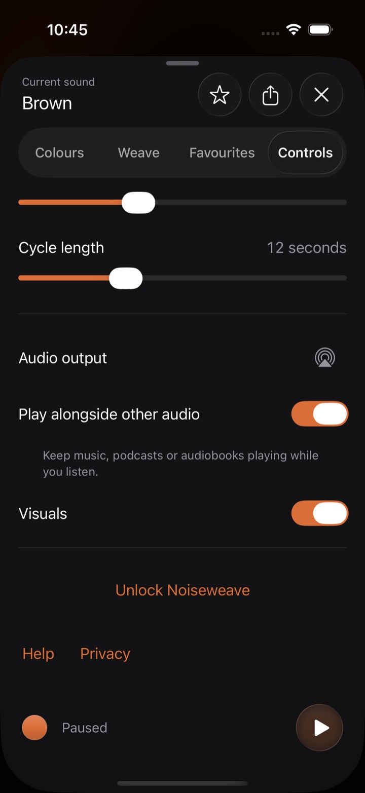 Controls showing Audio output, Play alongside other audio and Visuals