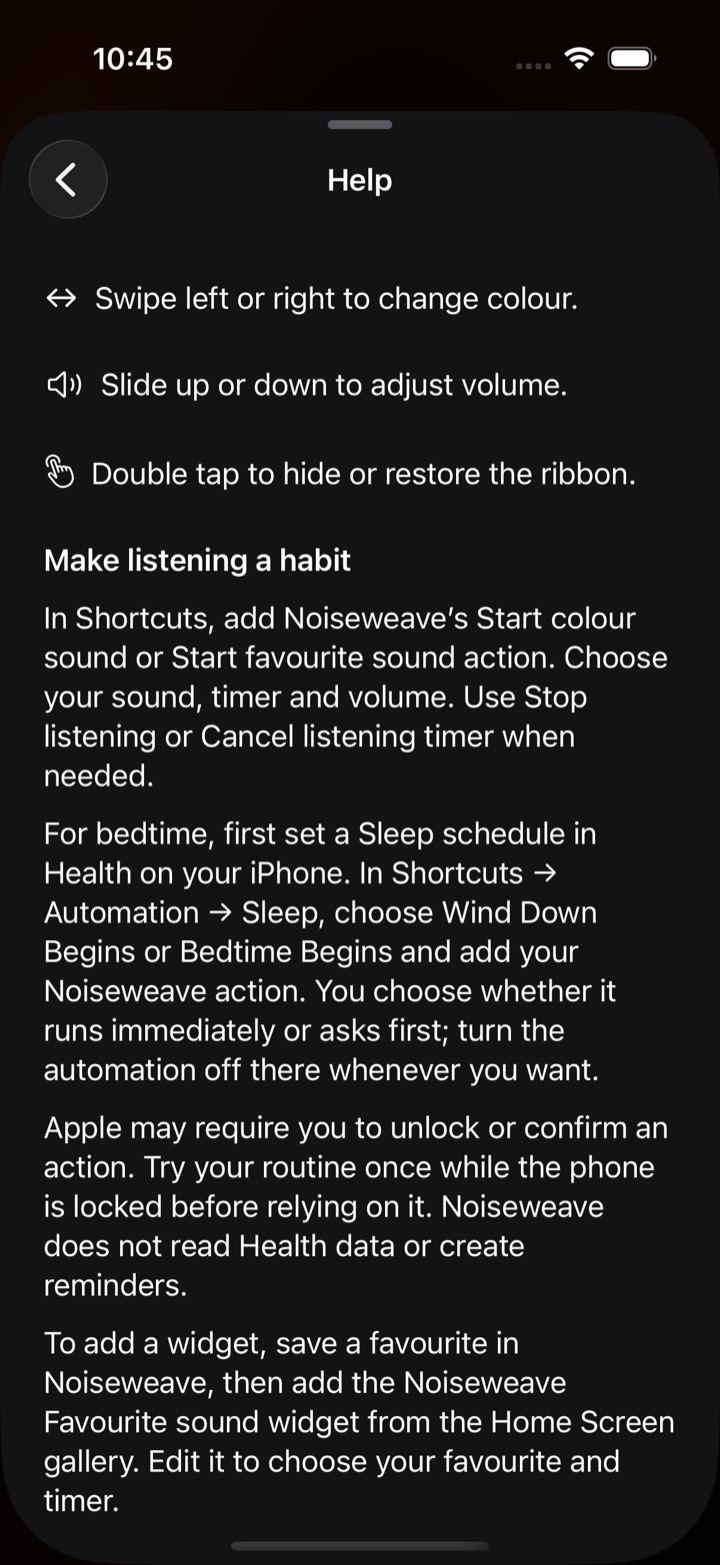 NoiseWeave in-app Help explaining Shortcuts and bedtime routines