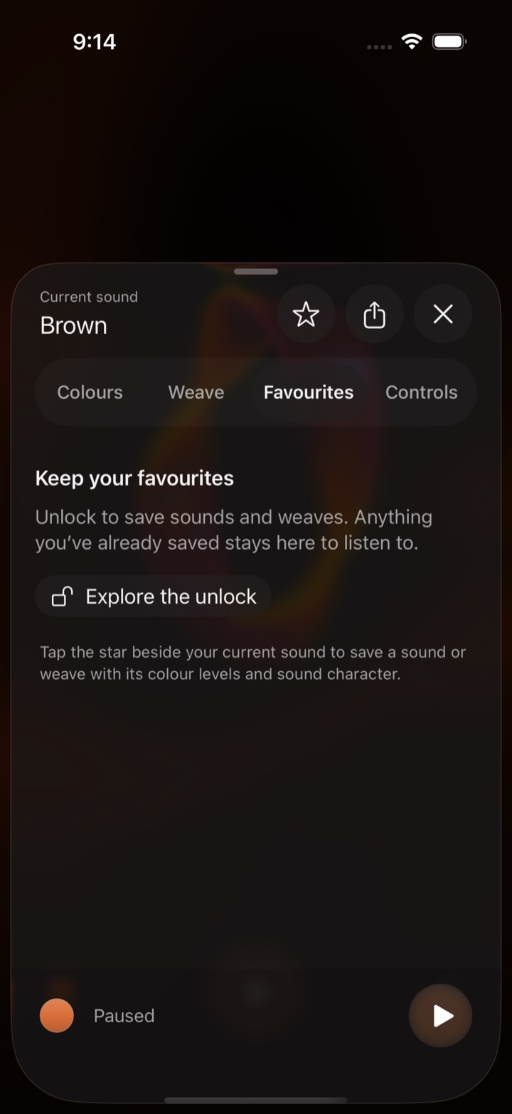 Favourites tab explaining the unlock required to save sounds