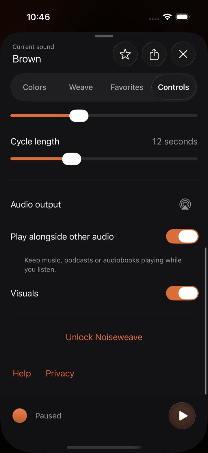 Controls showing Audio output, Play alongside other audio and Visuals