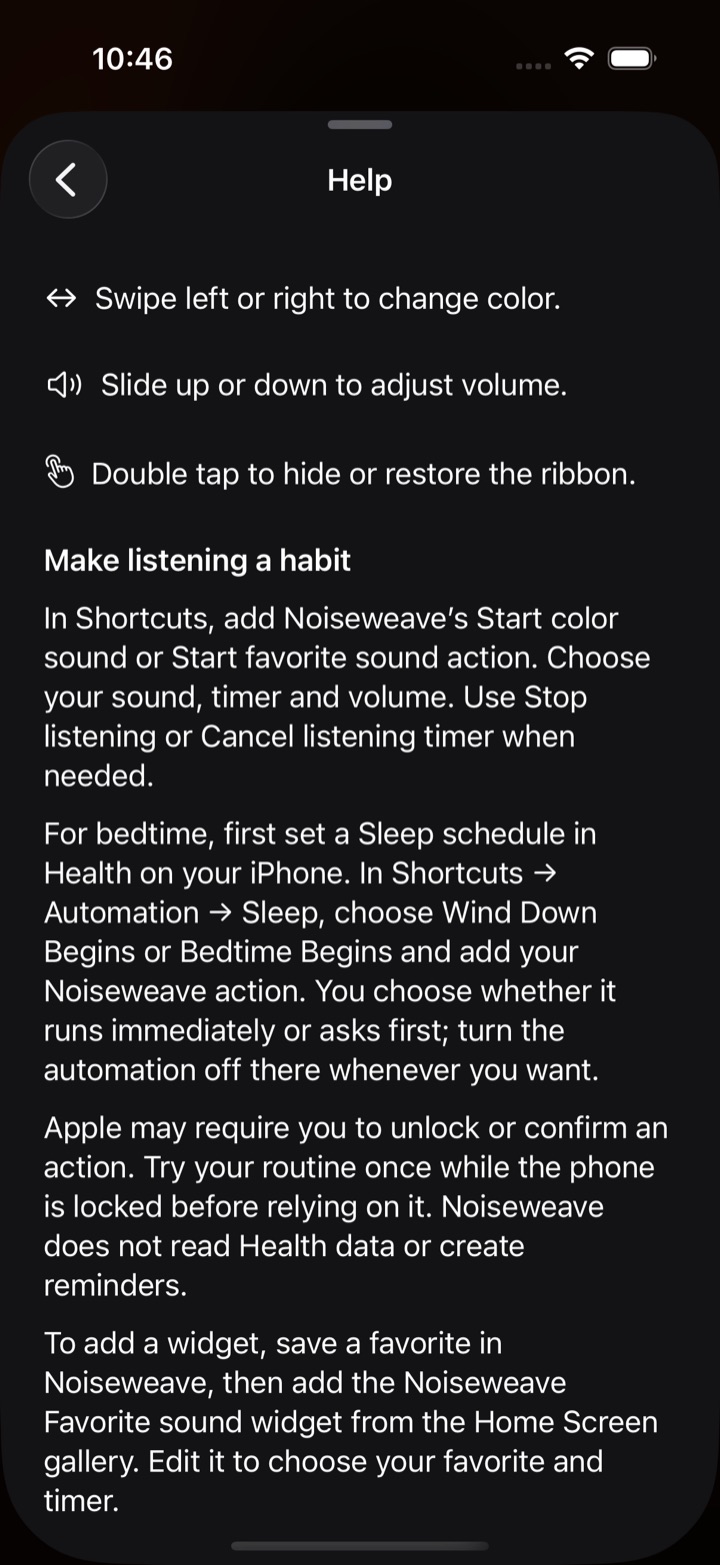 NoiseWeave in-app Help explaining Shortcuts and bedtime routines