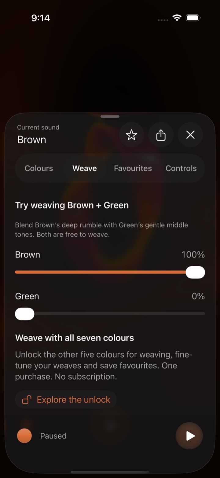NoiseWeave Weave panel showing individually labelled noise-colour mixing sliders.