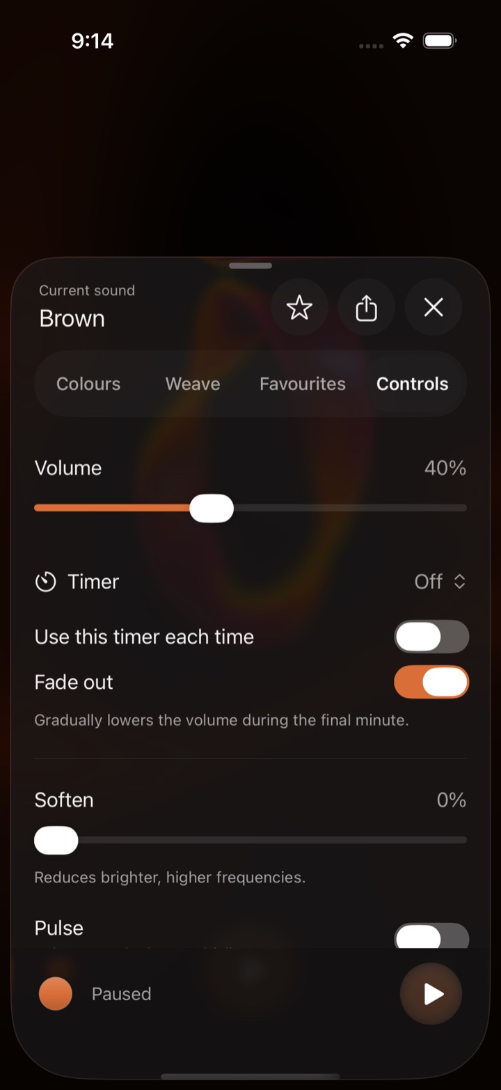NoiseWeave listening controls showing volume, timer and fade-out settings.